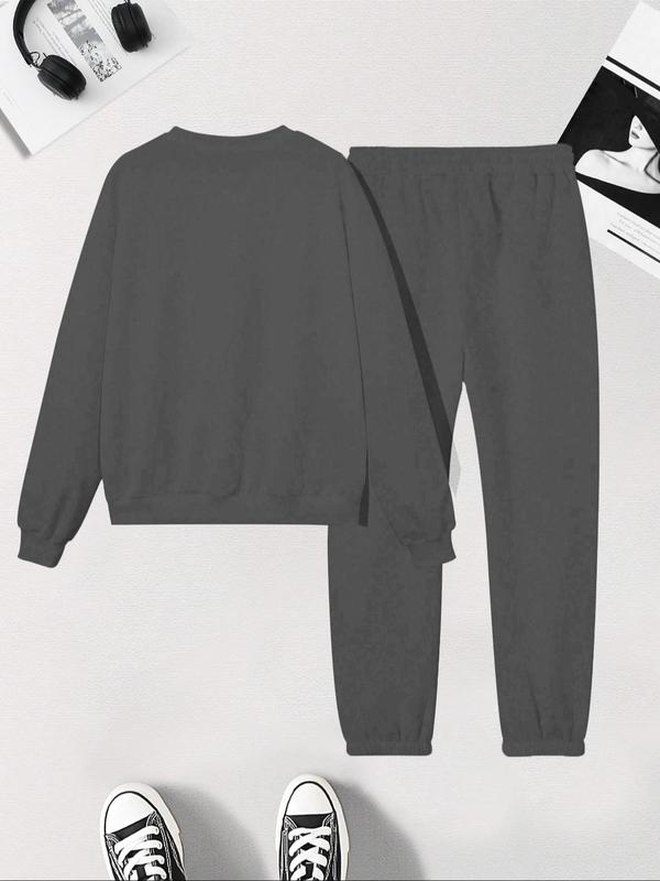 Women's Letter Print Drop Shoulder Sweatshirt & Pocket Sweatpants Thickened Two-piece Set, Casual Fashion Cozy Round Neck Long Sleeve Pullover & Jogger Pants for Daily Wear, Women's Two-piece Outfits for Fall & Winter