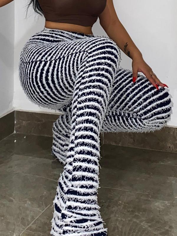 Women's Striped Print Fuzzy  Skinny Pants, Casual Comfy Trousers for Fall & Winter, Women's Bottoms for Daily Wear