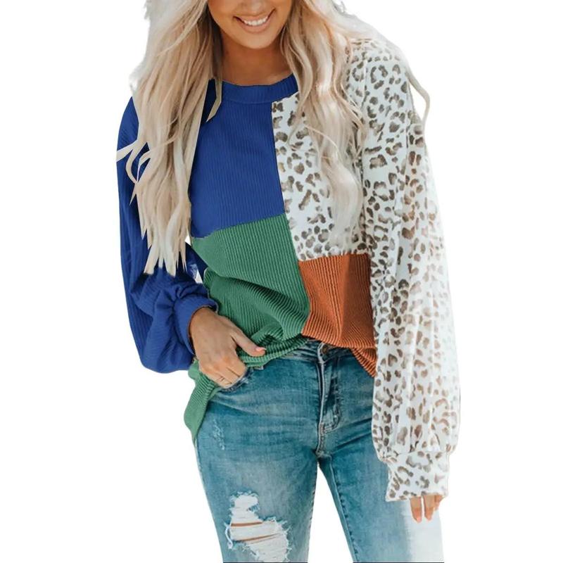 Leopard Patchwork Color Block Ribbed Long Sleeve Tops Shirts Womenswear