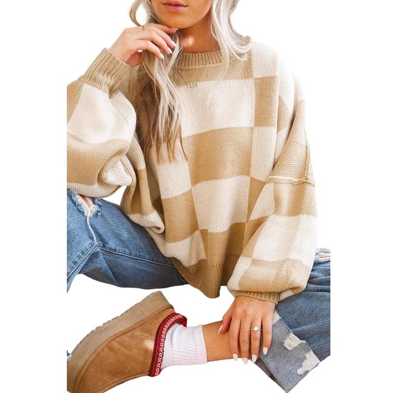 Women's Checkered Bishop Sleeve Knit Sweater - Womenswear, Knitwear Casual Boho