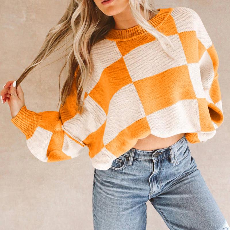 Women's Checkered Bishop Sleeve Knit Sweater - Womenswear, Knitwear Casual Boho