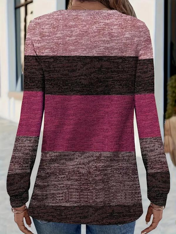 Women's Colorblock Print V Neck Tee, Casual Long Sleeve T-Shirt for Fall & Winter, Women's Clothing for Daily Wear