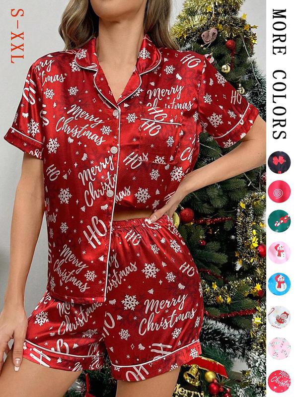 Two-Piece Set Women's Christmas Print Lapel Neck Pocket Shirt & Elastic Waist Shorts Pajama, Casual Comfy Short Sleeve Button Up Top & Shorts PJ Set, Ladies Sleepwear for All Seasons