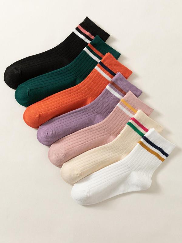 Women's 7 Pairs Contrast Stripes Print Crew Socks, Casual Comfort Moisture Wicking Socks for Lady, Soft Comfy Breathable Sporty Socks for All Seasons Daily Wear, Womenswear