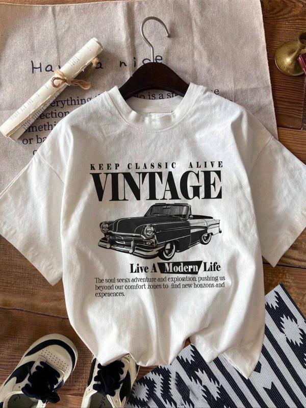 Women's Vintage Car & Letter Print Round Neck Tee, Casual Short Sleeve Crew Neck T-shirt for Summer, T Shirts for Women, Fashion Women's Top for Daily Wear