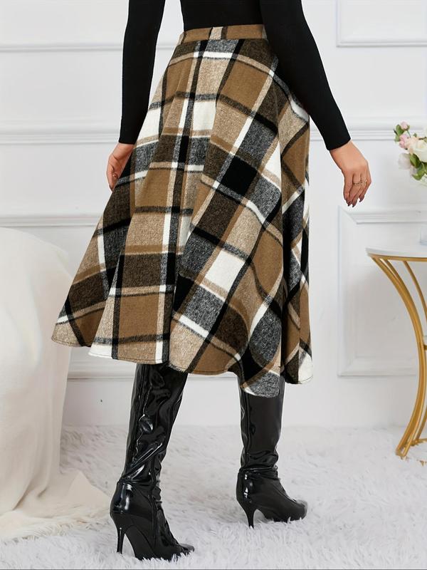 Women's Plaid Print Zipper A Line Skirt, Casual Fashionable Midi Skirt for Daily Outdoor Wear, Women's Bottoms for Fall & Winter, Going Out Bottoms, Winter Clothes Women, Fall Clothing Women, Skirts for Women Plaid Skirt