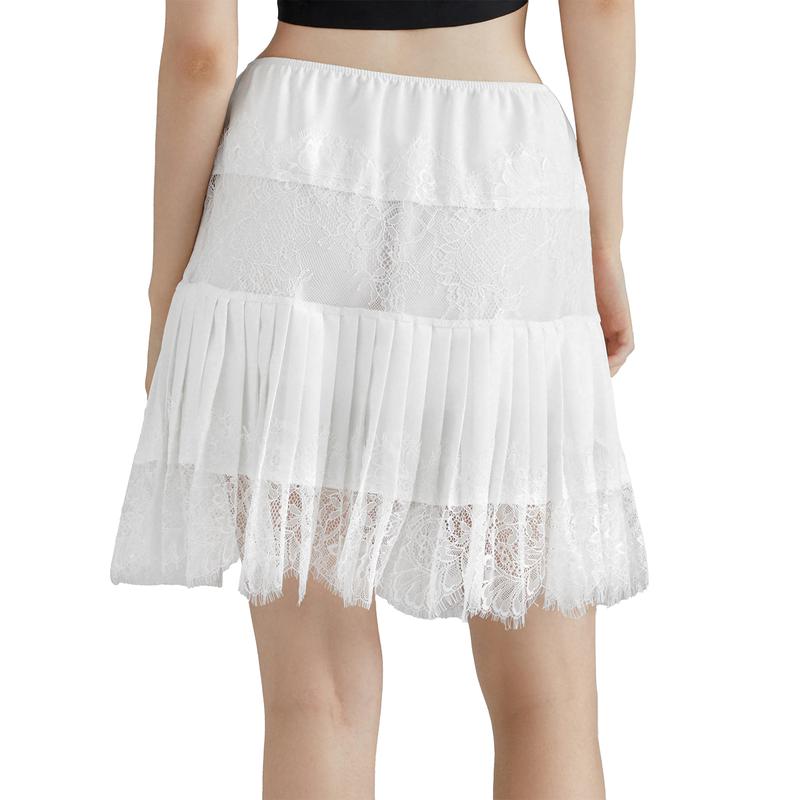 Women Lace Tiered Mini Skirt Summer Elastic Pleated Lace Trim Half Slip Low Rise Flowy Short Skirts Underskirt