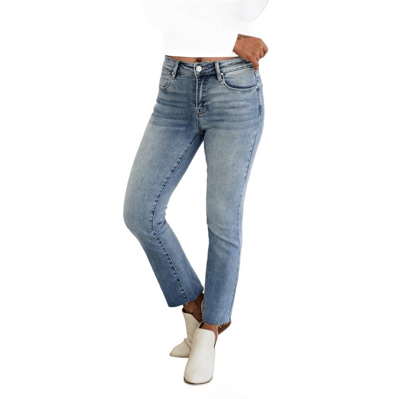 Risen Your Bestie High Rise Medium Wash Raw Edge Hem Straight Leg Jeans