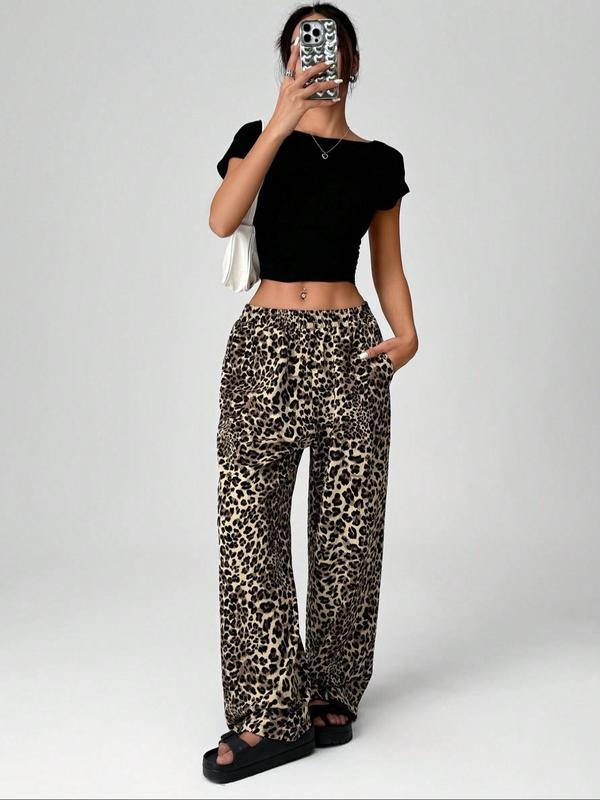 Women's Leopard Print Pocket Wide Leg Pants, Casual Comfy Trousers for Daily Wear, Ladies Bottoms for All Seasons