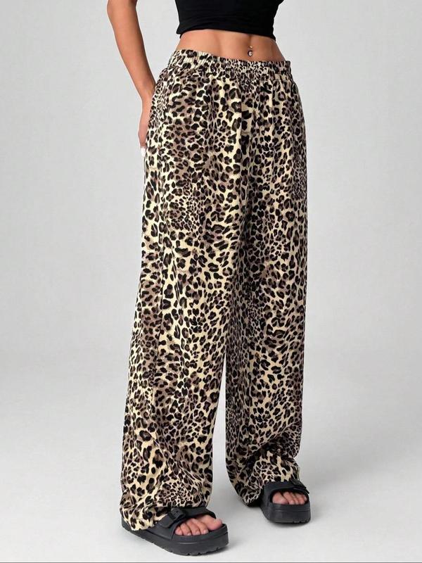 Women's Leopard Print Pocket Wide Leg Pants, Casual Comfy Trousers for Daily Wear, Ladies Bottoms for All Seasons