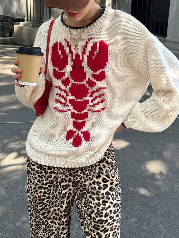 Women's Cartoon Lobster Print Drop Shoulder Sweater, Casual Long Sleeve Round Neck Jumper for Fall & Winter, Fashion Ladies' Knitwear for Daily Wear