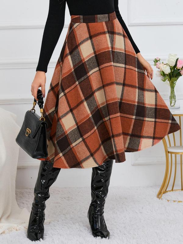 Women's Plaid Print Zipper A Line Skirt, Casual Fashionable Midi Skirt for Daily Outdoor Wear, Women's Bottoms for Fall & Winter, Going Out Bottoms, Winter Clothes Women, Fall Clothing Women, Skirts for Women Plaid Skirt