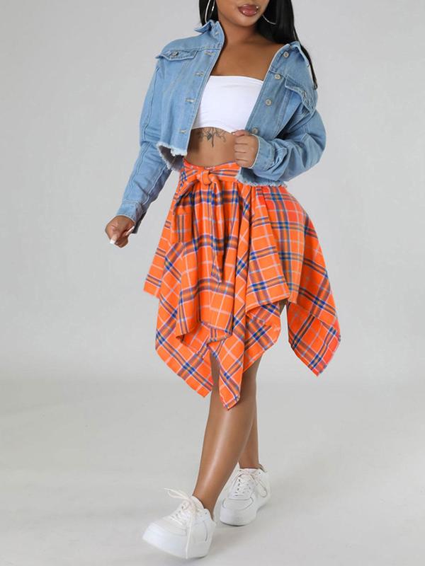 Women's Plaid Print Tie Front A Line Skirt, Casual Asymmetrical Hem Skirt for Summer, Women's Bottoms for Daily Wear