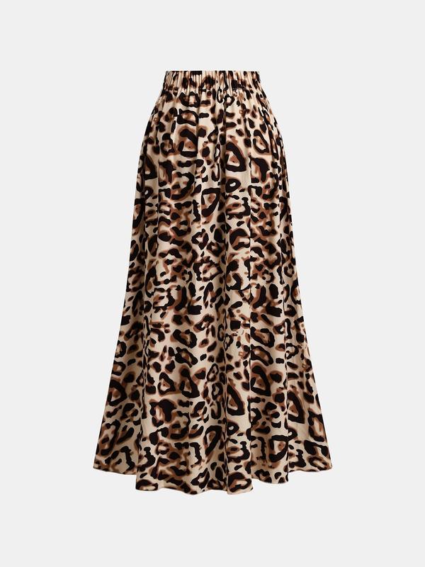 YOZY Leopard Print Asymmetrical Ruffle Split Thigh Skirt, Elegant Elastic Waist Long Skirt, 2024 Women's All Season Outfits for Party, Holiday, Vacation