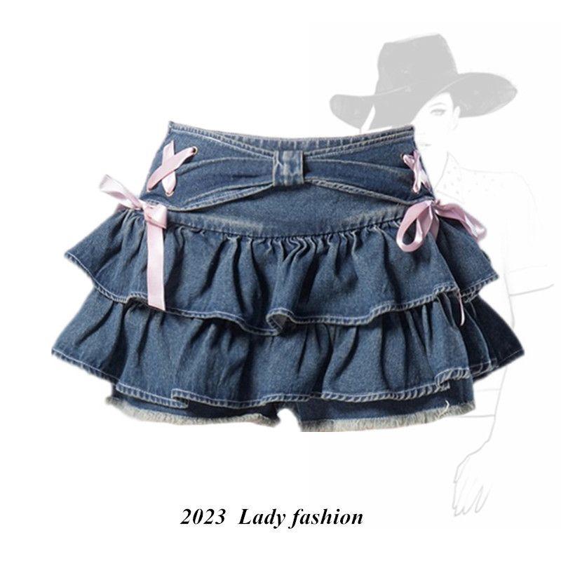 Women's clothing Little Eyes Teenage Girls' Dolls Blue Denim Pleated Skirt Hot Girl A- line Slimming Short Skirt Design Pantskirt Womenswear Bottom