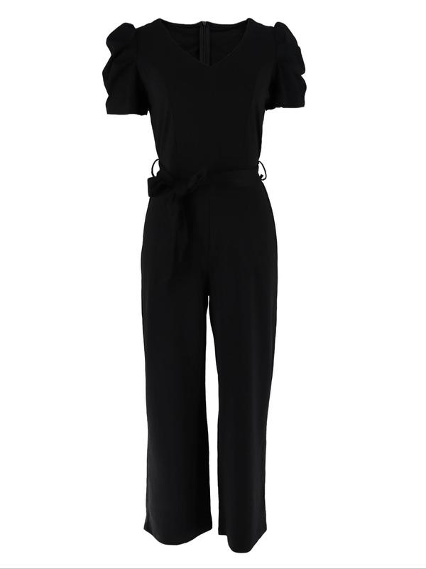 Women's Solid Belted Puff Sleeve Wide Leg Jumpsuit, Casual V Neck Long Sleeve Jumpsuit for Summer, Women's Clothing for Daily Wear