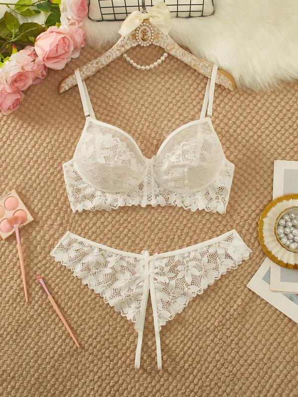 Two-Piece Set Women's Floral Lace Sheer Sexy Lingerie Set, Adjustable Strap Push Up Bra & Bow Decor Crotchless Panty, Romantic Nightwear Set for Women