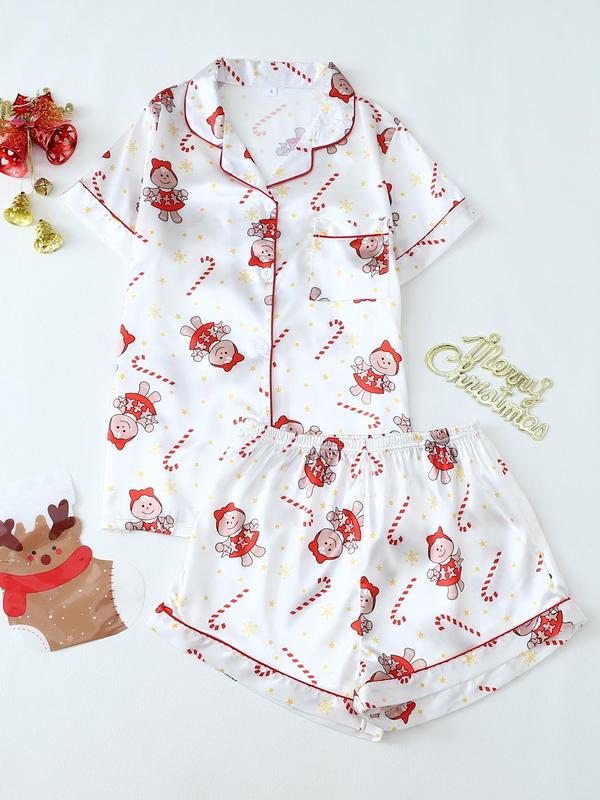 Two-Piece Set Women's Christmas Print Lapel Neck Pocket Shirt & Elastic Waist Shorts Pajama, Casual Comfy Short Sleeve Button Up Top & Shorts PJ Set, Ladies Sleepwear for All Seasons