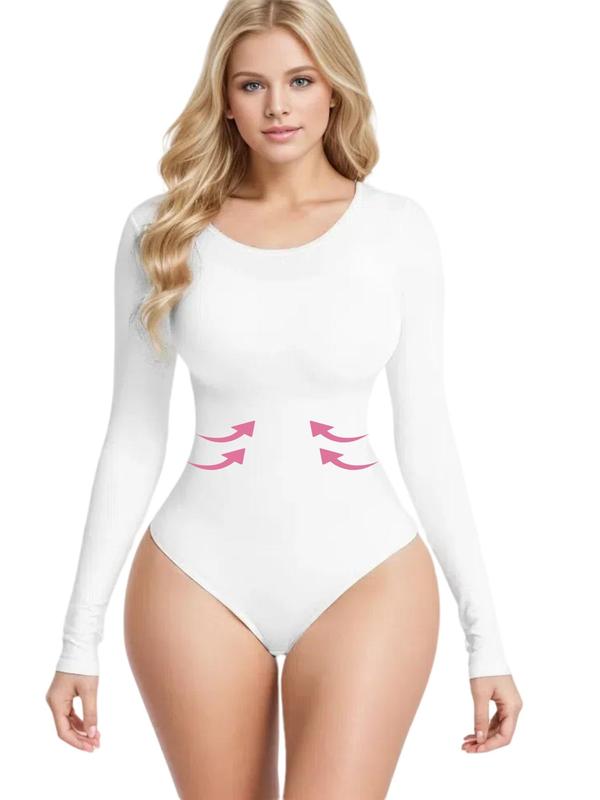 Women's Solid Scoop Neck Shapewear Bodysuit, Casual Comfort Long Sleeve Slimming Bodysuit, Lady Shapewear for Spring Fall, Womenswear