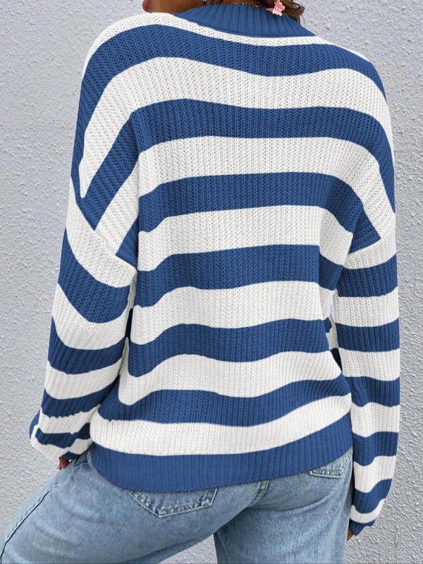 Women's Striped Print Drop Shoulder Sweater, Casual Long Sleeve Round Neck Jumper for Spring & Fall, Fashion Women's Knitwear for Daily Wear, Fall Clothes 2024