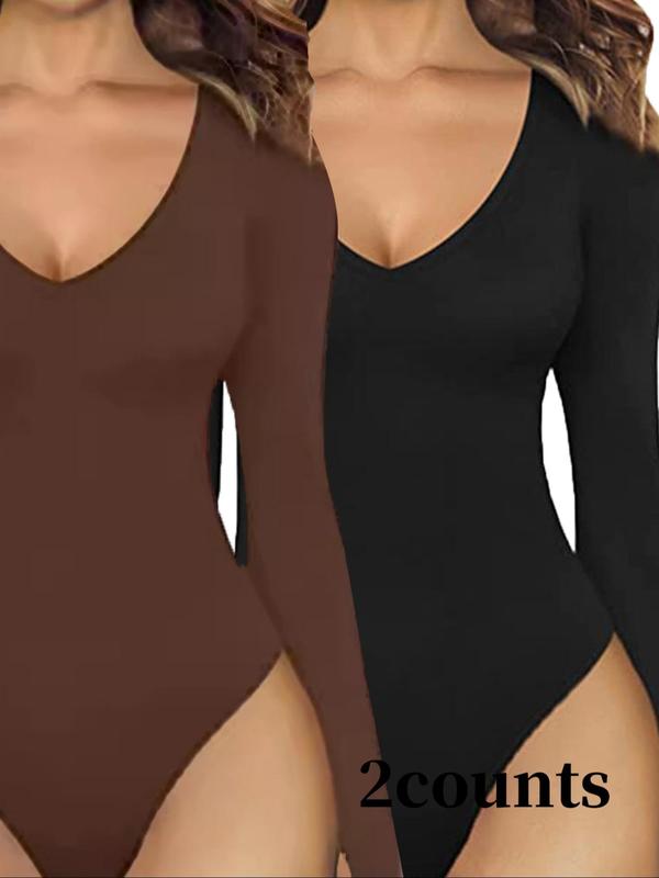 Women's Solid V Neck Long Sleeve Sports Bodysuit, 2024 New Style Casual Comfy Bodycon Bodysuit for Daily Wear, Ladies Sportswear for All Seasons