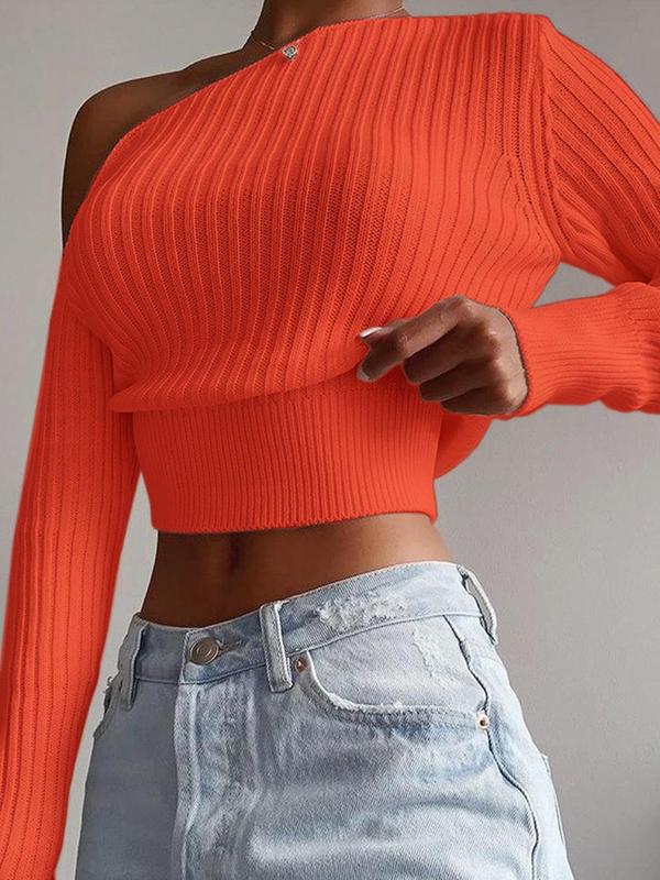 Women's Solid Asymmetrical Neck Long Sleeve Sweater, Y2k Clothes, Casual Knitting Crop Top, Ladies Jumper Knitwear for Spring & Fall Daily Wear, Fall Outfits