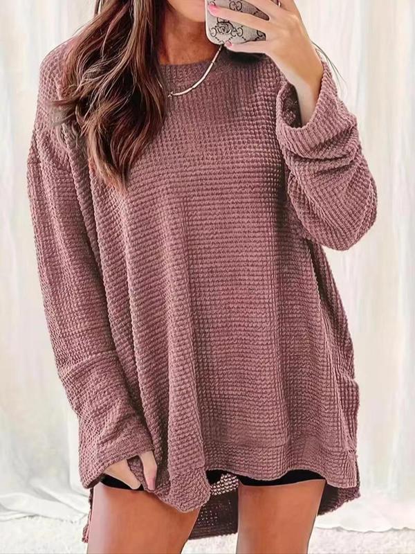  Solid High Low Drop Shoulder Tee, Casual Long Sleeve Round Neck Top for Spring & Fall, Women's Plus Clothing for Daily Wear