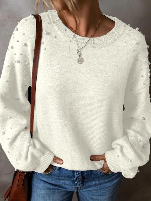 Women's Faux Pearl Decor Drop Shoulder Sweater, Casual Aesthetic Chic Long Sleeve Round Neck Jumper for Fall & Winter, Fashion Ladies' Knitwear for Daily Wear, Fall Womenswear