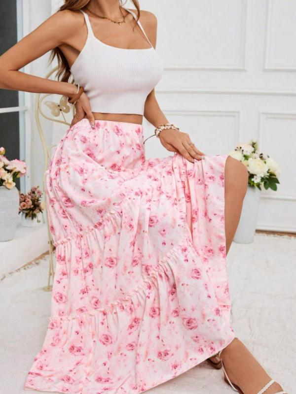 Women's Floral Print Frill Trim Ruffle Hem A Line Skirt, Boho Fashion High Waist Long Skirt for Daily Holiday Vacation Wear, Ladies Bottoms for All Seasons