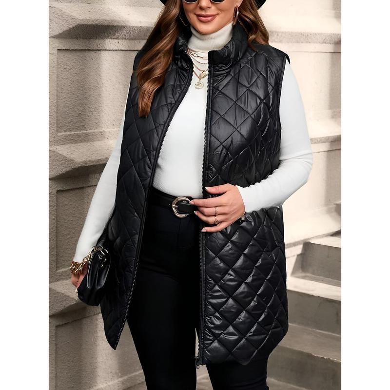 Plus size quilted puffer vest jacket with pockets, front zip, mandarin neck-casual polyester non-stretch solid winter outerwear