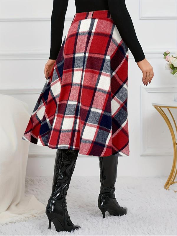 Women's Plaid Print Zipper A Line Skirt, Casual Fashionable Midi Skirt for Daily Outdoor Wear, Women's Bottoms for Fall & Winter, Going Out Bottoms, Winter Clothes Women, Fall Clothing Women, Skirts for Women Plaid Skirt