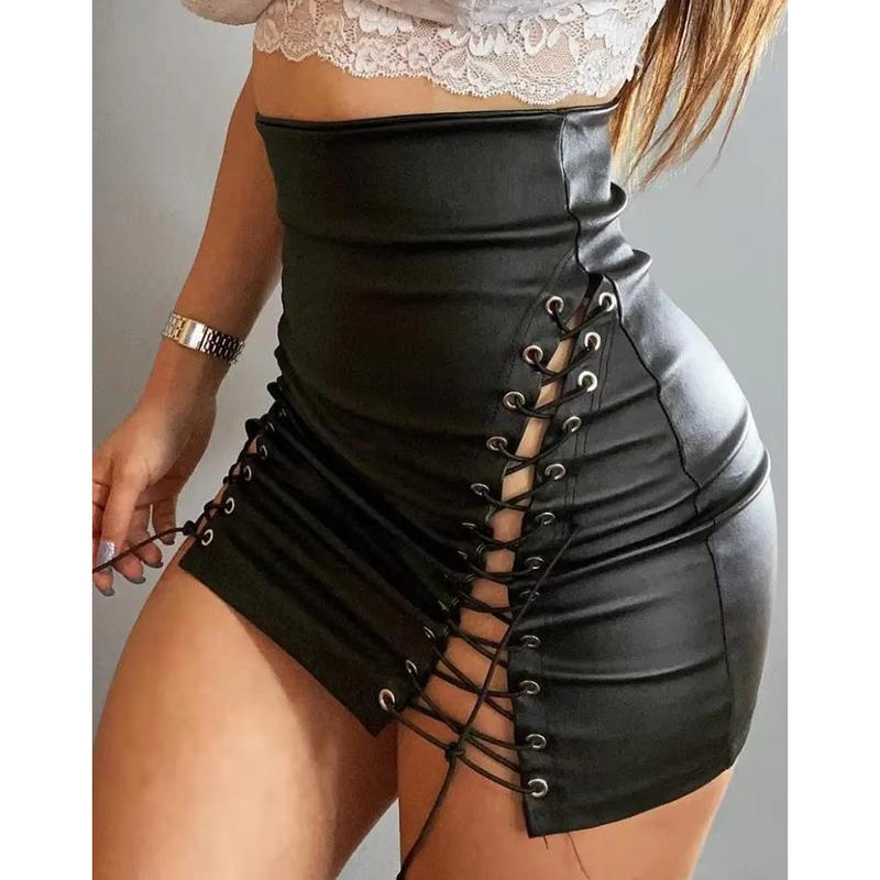 Lace-Up PU Leather Skirt for Woman 2023 New Fashion High Waist Sexy Eyelet Skinny Solid Color Bodycon Mini Skirts Night Out xizou