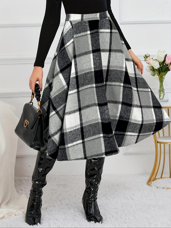 Women's Plaid Print Zipper A Line Skirt, Casual Fashionable Midi Skirt for Daily Outdoor Wear, Women's Bottoms for Fall & Winter, Going Out Bottoms, Winter Clothes Women, Fall Clothing Women, Skirts for Women Plaid Skirt