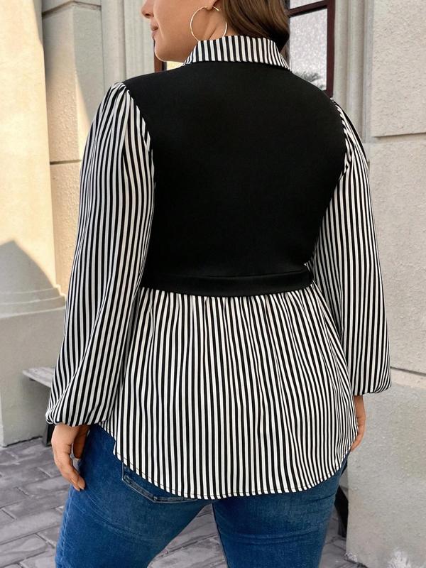  2 in 1 Striped Patchwork Print Button Front Blouse, Casual Bishop Sleeve Collared Top for Fall & Winter, Women's Long Sleeve Clothes for Daily Wear Comfy Mom Outfits 2024