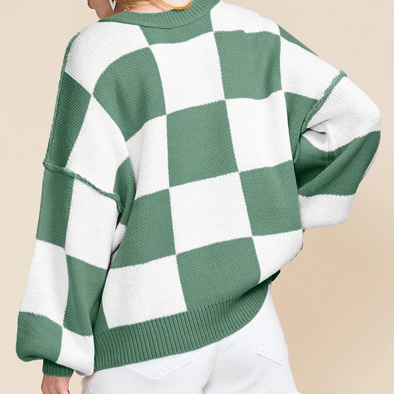 Women's Checkered Bishop Sleeve Knit Sweater - Womenswear, Knitwear Casual Boho