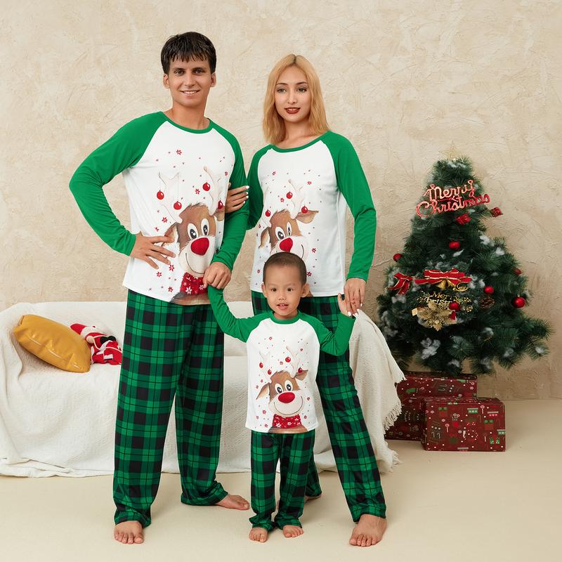 Family Matching Christmas Pajamas Sets Xmas Pj's Clothes Long Sleeve Elk Print Tops + Plaid Pants or Long Sleeve Patchwork Jumpsuit Sleepwear & Loungewear