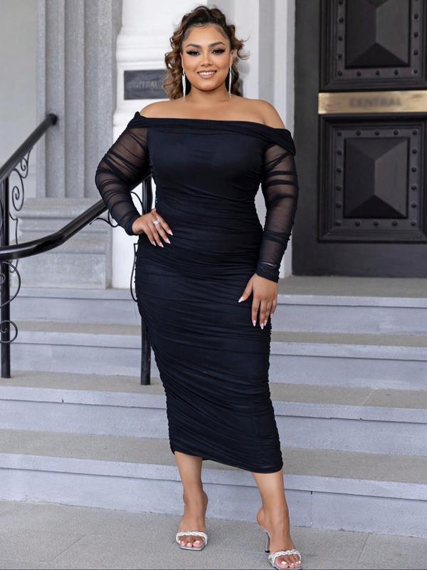 Plus Size Off Shoulder Mesh Bodycon Dress, Elegant Ruched Long Sleeve Evening Party Gown, Women's Clothes for Summer