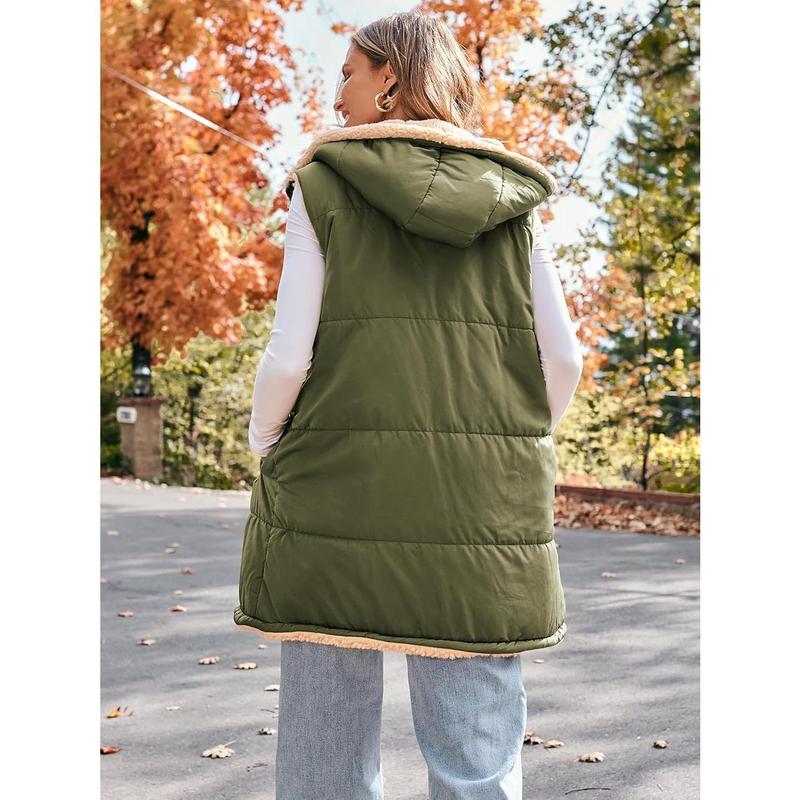 Womens Long Reversible Puffer Vests  Sleeveless Fleece Fall Jacket Warm Winter Coats Outerwear.skin-friendly soft slim fit warm