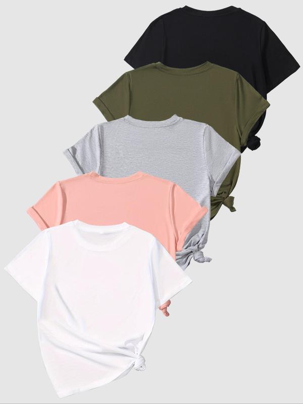 Women's Solid Round Neck Tee, Casual Short Sleeve T-shirt for Fall, Back-to-school Clothing, Ladies Clothes for Daily Wear, Women's Basic Top, Womenswear, 90s Clothes