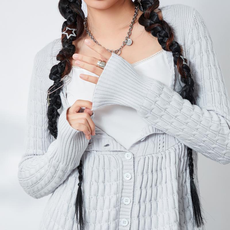 Women's Square Neck Cardigan Cable Knit Single Breasted Cardigan Sweater Long Sleeve Casual