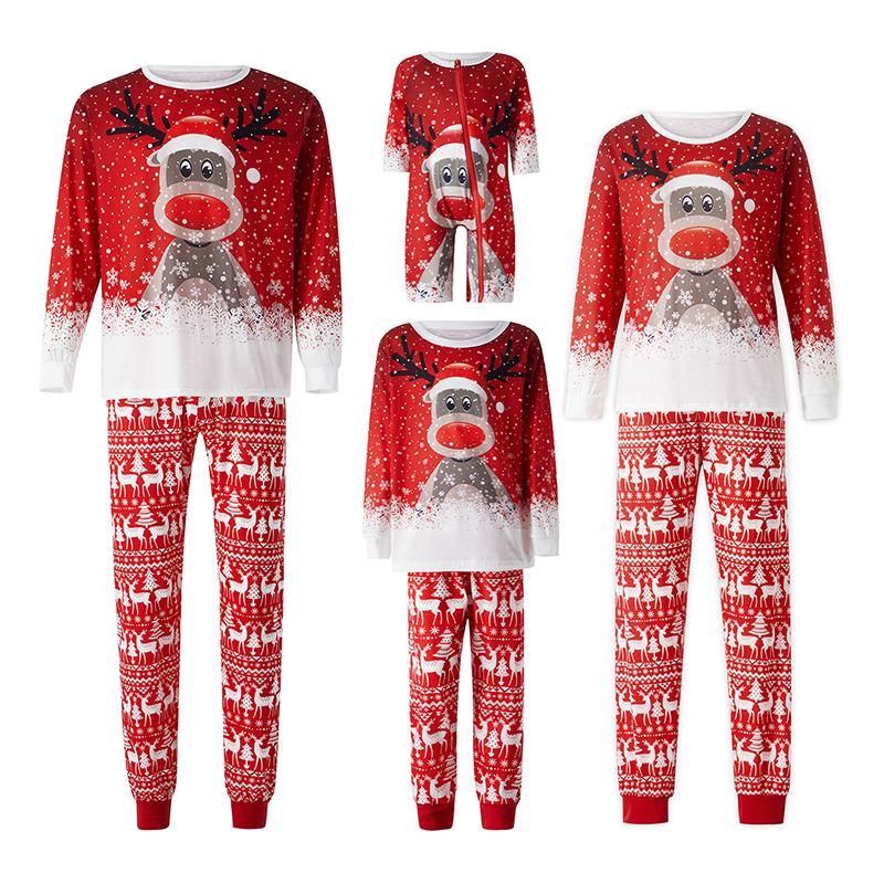 Red Matching Christmas Pajamas For Family, Long Sleeve Deer Snowflake Print Pullover + Pants Set