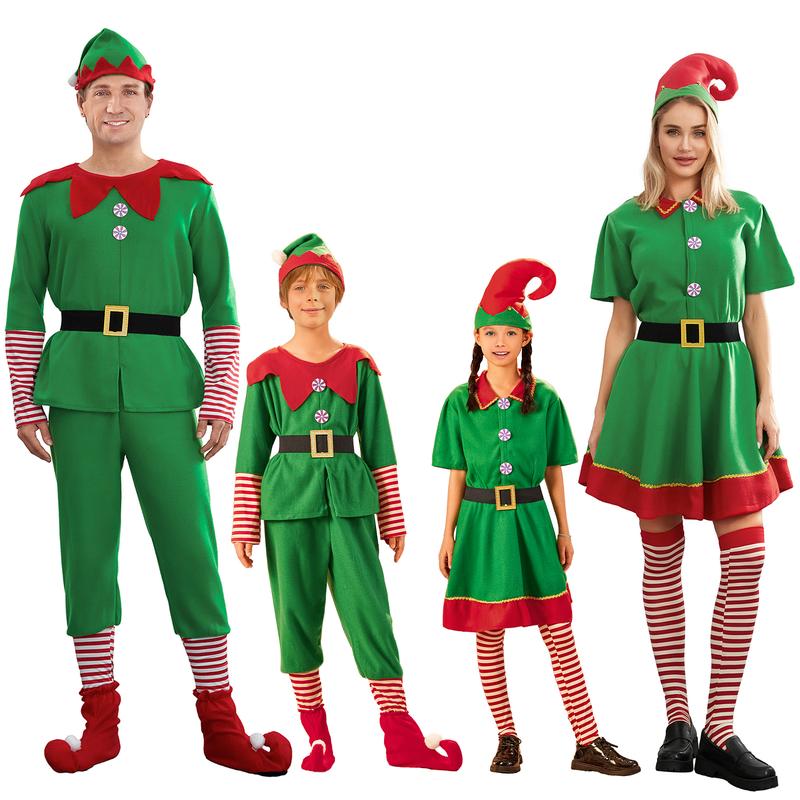 2024 New Christmas Elf Costume for Parents and Child, Short Sleeve Dress Pants over the Kneel with Hat, Belt and Socks Xmas Clothes HOT