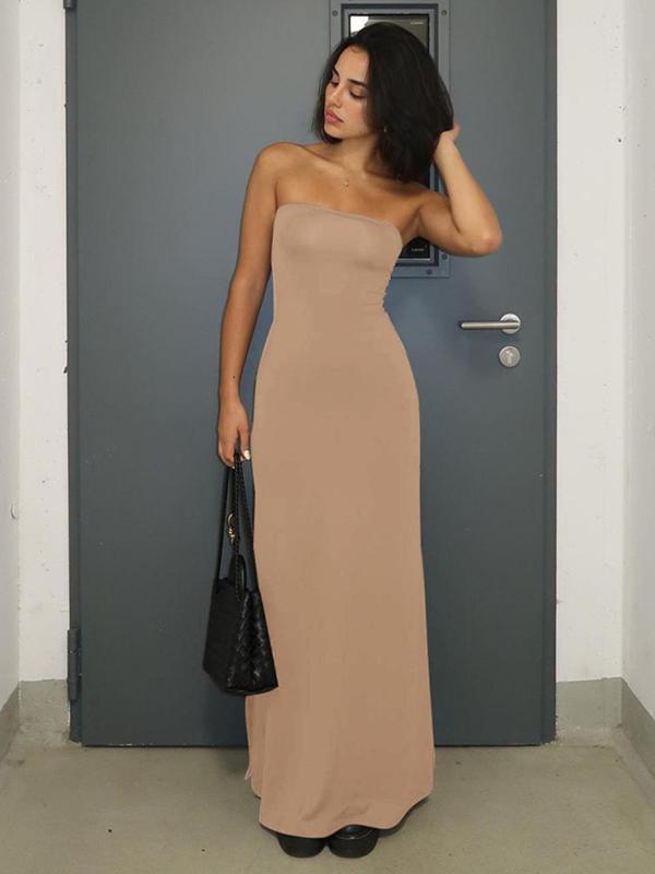 Women's Solid Backless Split Tube Dress, Elegant Sleeveless A Line Long Dress for Party Club Dating Wear, Back-to-School Clothing, Ladies Summer Clothes