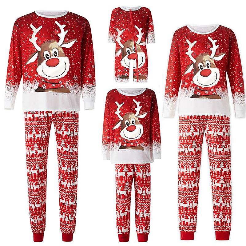 Red Matching Christmas Pajamas For Family, Long Sleeve Deer Snowflake Print Pullover + Pants Set