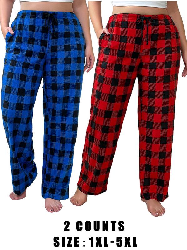  Christmas Plaid Print Drawstring Pocket Lounge Pants, Casual Comfy Trousers for Daily Wear, Women's Sleepwear for Fall & Winter