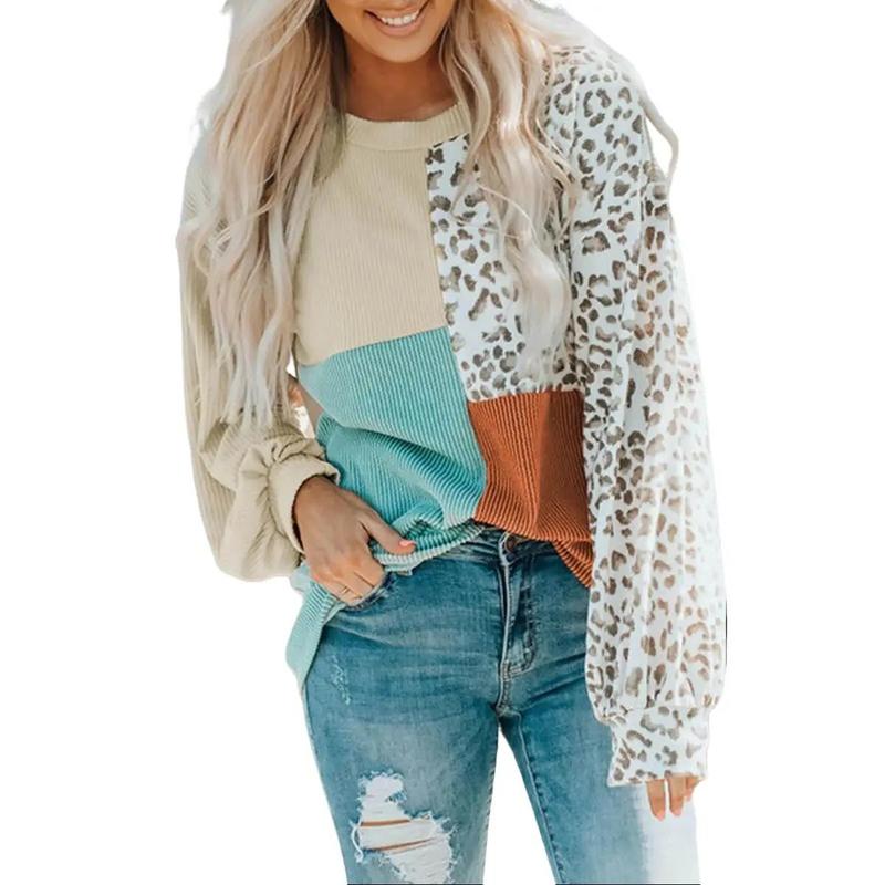 Leopard Patchwork Color Block Ribbed Long Sleeve Tops Shirts Womenswear