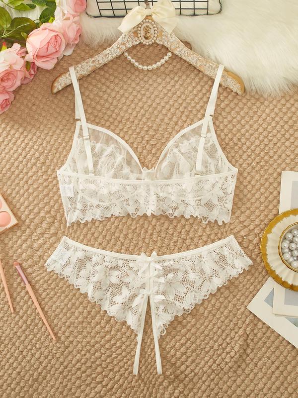 Two-Piece Set Women's Floral Lace Sheer Sexy Lingerie Set, Adjustable Strap Push Up Bra & Bow Decor Crotchless Panty, Romantic Nightwear Set for Women