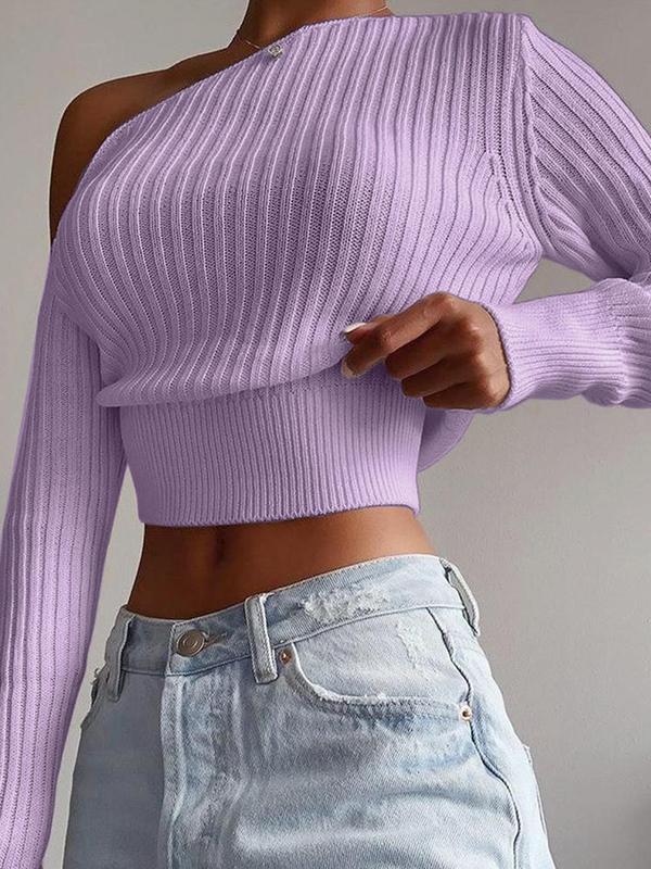 Women's Solid Asymmetrical Neck Long Sleeve Sweater, Y2k Clothes, Casual Knitting Crop Top, Ladies Jumper Knitwear for Spring & Fall Daily Wear, Fall Outfits