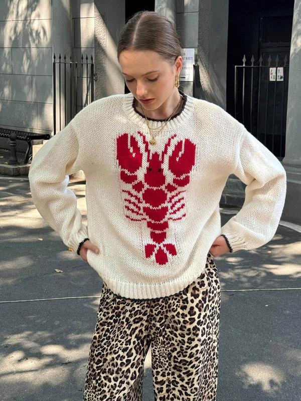 Women's Cartoon Lobster Print Drop Shoulder Sweater, Casual Long Sleeve Round Neck Jumper for Fall & Winter, Fashion Ladies' Knitwear for Daily Wear