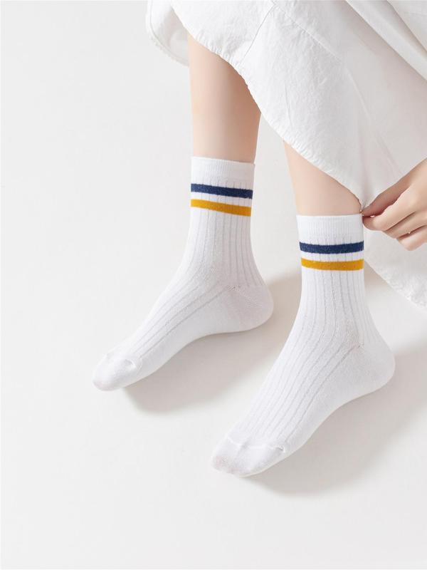 Women's 7 Pairs Contrast Stripes Print Crew Socks, Casual Comfort Moisture Wicking Socks for Lady, Soft Comfy Breathable Sporty Socks for All Seasons Daily Wear, Womenswear